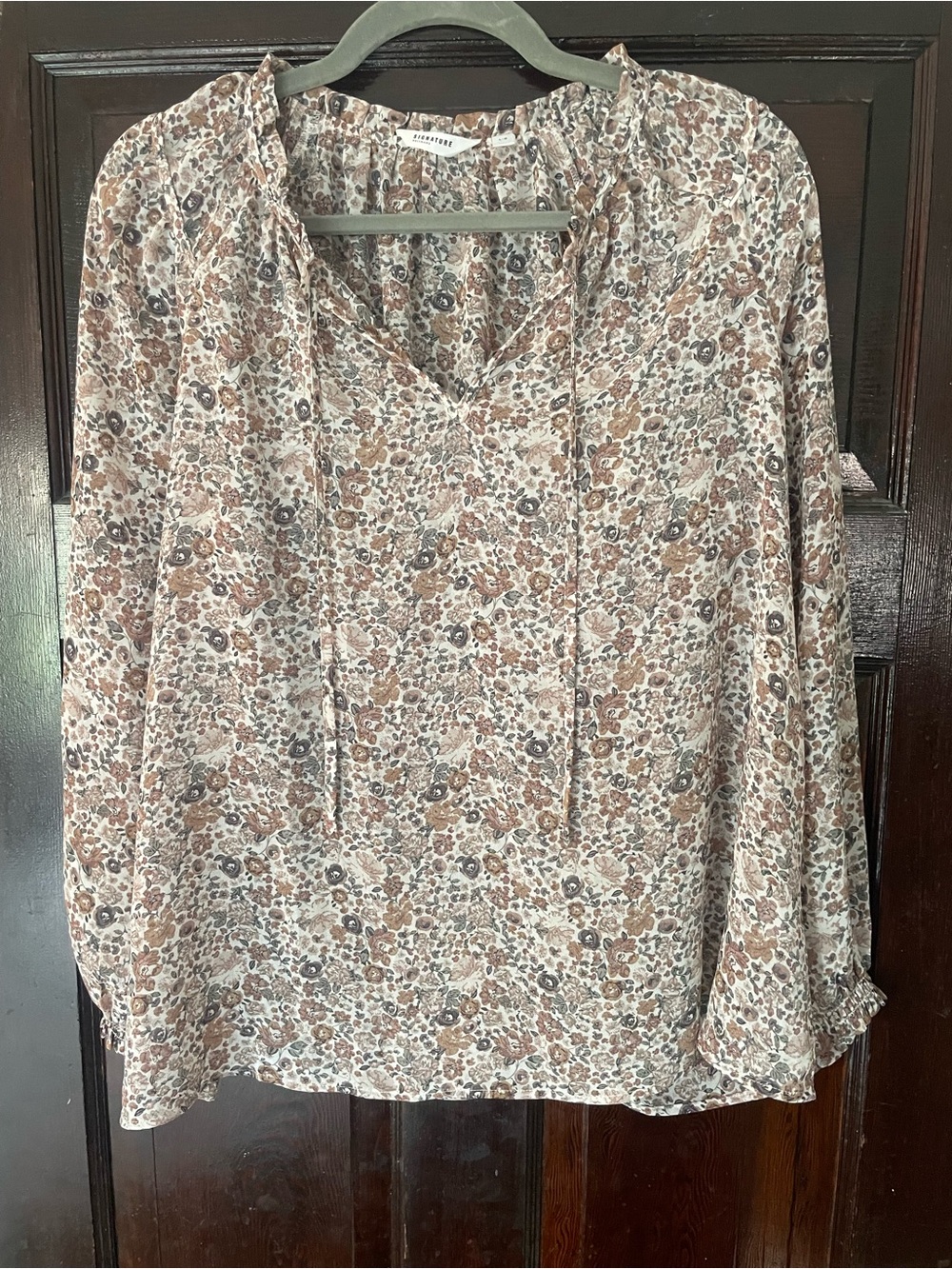 Reitmans Floral Tie-Neck Blouse - Brown & Cream